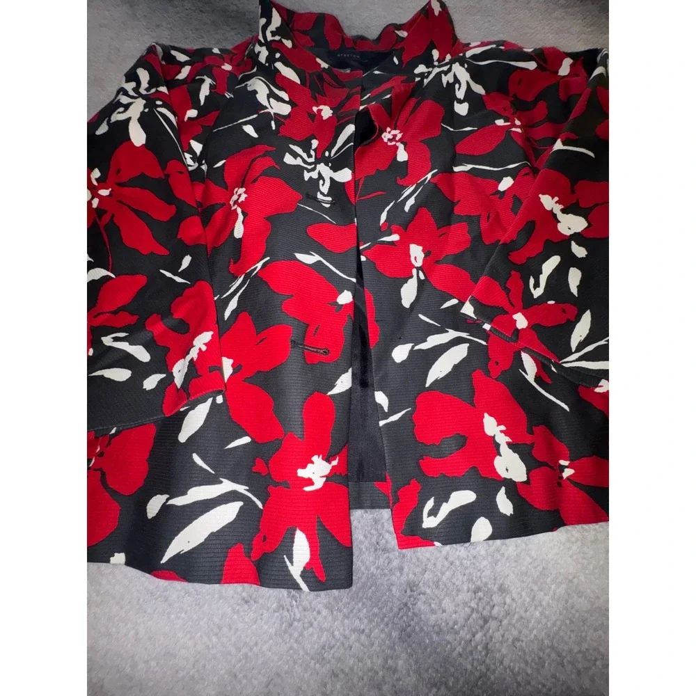 (S2) Anne Klein Floral Mock Neck Jacket Red Black‎ White 10 Stretch 3/4 Sleeve